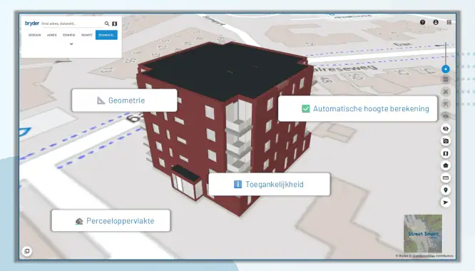 Visualisatie van een Digital Twin-oppervlakteberekening in Bryder, met een 3D-model van een gebouw op een kaart en een interface die meetregels toont volgens NEN2580 en WWS.