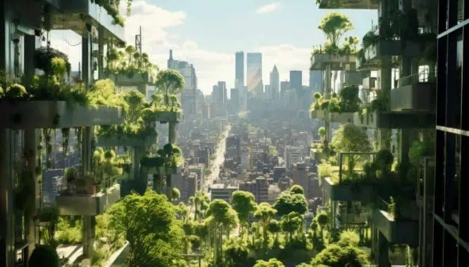 Duurzaam stadslandschap met groene gevels en planten op balkons.